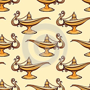 Seamless pattern of gold aladdin lamp