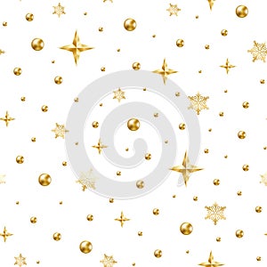 Seamless pattern gold bead, star, snowflake white