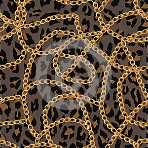 Seamless pattern with gold chain on lepard skin , belt and pearls. illustration