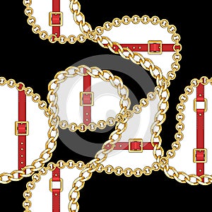Seamless pattern with gold chains and red belts on black background for fabric design.