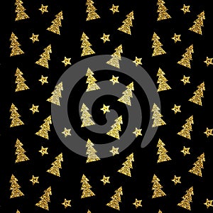 Seamless pattern of gold Christmas tree on black background. Vector illustration.