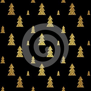 Seamless pattern of gold Christmas tree on black background. Vector illustration.