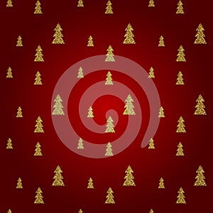 Seamless pattern of gold Christmas tree on red background. Vector illustration.
