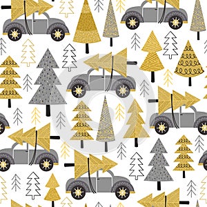 Seamless pattern gold Christmas trees and car