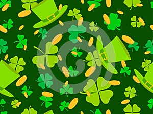 Seamless pattern with gold coins, green clover leaves and leprechaun hat for St. Patrick\'s Day