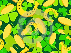 Seamless pattern with gold coins, horseshoes and green clover leaves for St. Patrick\'s Day