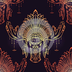 Seamless pattern with gold contour illustration of a moose head with antlers and an Indian cap made of feathers. Roach Chieftain.