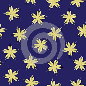 Seamless pattern with gold flowers cherry on a deepblue geometric background