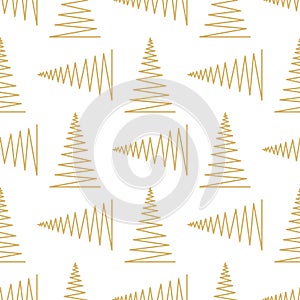 Seamless pattern with gold geometric Christmas trees Vector illustration on white. Winter holidays collection. Merry