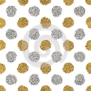 Seamless pattern of gold glitter and silver polka dots