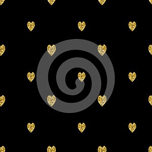 Seamless pattern with gold glitter textured hearts. Vector