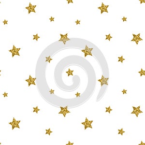 Seamless pattern with gold glitter textured stars. Vector