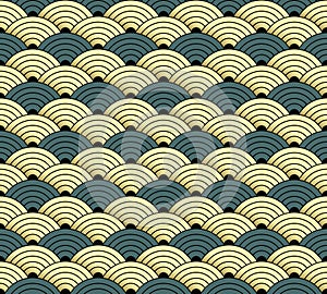 Seamless pattern gold and green abstract scales background in japanese and chinese style