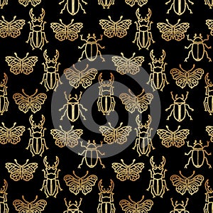 Seamless pattern with gold insects, art deco style illustration