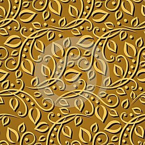 Seamless pattern gold leaves. Elegant texture for wallpapers, backgrounds and page fill. 3D elements with shadows and highlights.
