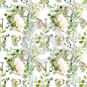 Seamless pattern of gold letters and watercolor eucalyptus branches
