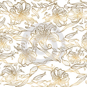 Seamless pattern.Gold lilies on white background. Vector