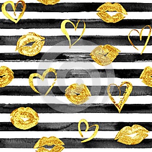 Seamless pattern with gold lips kisses and hearts