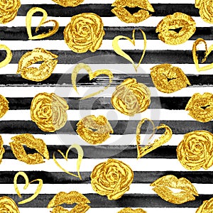 Seamless pattern with gold lips, roses and hearts
