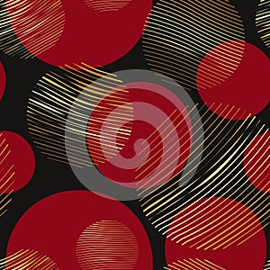 Seamless pattern gold and red circles doodled. Geometrical pattern with set circle golden color endless background, hand drawn
