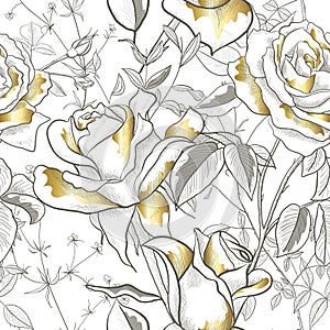 Seamless pattern with gold Rose, leaves and buds on a white background. Modern abstract design for paper, wallpaper