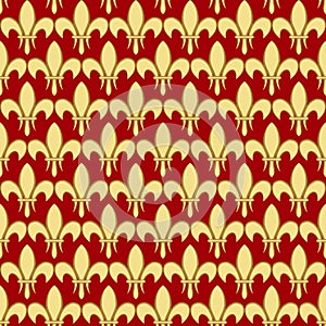 Seamless pattern with a gold royal lily called a fleur-de-lis on a red claret background. Vector heraldic ornament