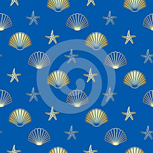 seamless pattern with gold seashells - vector blue background