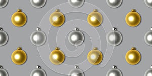 Seamless pattern with gold and silver Christmas decorations on a gray background. Color of the year 2021. Ultimate Grey and