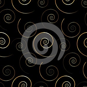 Seamless pattern with gold spiral curls ornament. Vintage design golden Christmas element. Abstract ornate floral decor