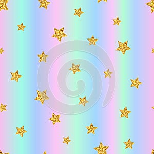 Seamless pattern with gold stars on holographic background. Vect