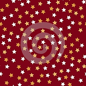 Seamless pattern with gold and white stars on a red background