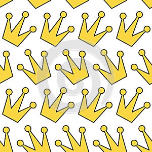 Seamless Pattern. Gold yellow contour crown icon. King, queen, princess accessory.