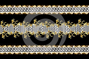 Seamless Pattern of Golden antique decorative baroque on black background. Fabric Design Background ready for textile print.