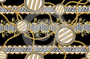 Seamless Pattern of Golden antique decorative barque and chains with versace motif on black background. Fabric Design Background r