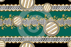 Seamless Pattern of Golden antique decorative barque and chains with versace motif on dark green background. Fabric Design Backgro