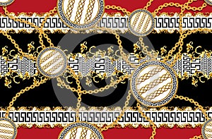 Seamless Pattern of Golden antique decorative barque and chains with versace motif on red and bkack background. Fabric Design Back photo