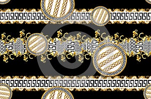 Seamless Pattern of Golden antique decorative barque with versace motif on dark black background. Fabric Design Background ready f photo