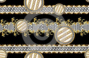 Seamless Pattern of Golden antique decorative barque with versace motif on dark black background. Fabric Design Background ready f