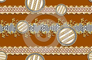 Seamless Pattern of Golden antique decorative barque with versace motif on dark brown background. Fabric Design Background ready f photo
