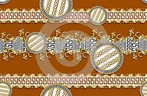 Seamless Pattern of Golden antique decorative barque with versace motif on dark brown background. Fabric Design Background ready f