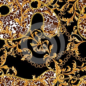Seamless pattern with golden chains and baroque leaves. Vector spotted patch for scarfs, print, fabric