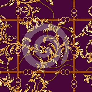 Seamless pattern with golden chains, belts and baroque leaves. Vector baroque patch for scarfs, print, fabric