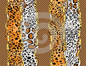 Seamless Pattern of Golden Chains and Belts with Dots and Animal Skin on Colored Background.