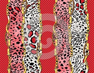 Seamless Pattern of Golden Chains and Belts with Dots and Animal Skin on Colored Background.