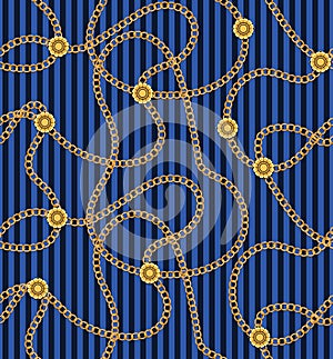 Seamless Pattern with Golden Chains on Lined Blue and Darkblue Background.