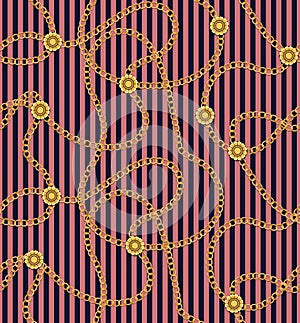 Seamless Pattern with Golden Chains on Lined Pink and Darkblue Background. photo
