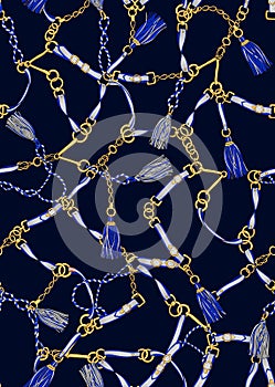 Seamless Pattern of Golden Chains, Rings, Ropes and Belts on Darkblue Background. photo