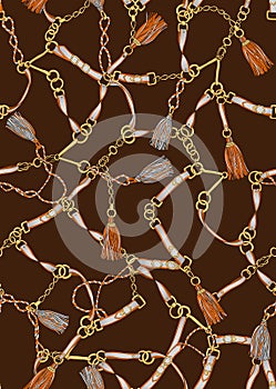 Seamless Pattern of Golden Chains, Rings, Ropes and Belts on Darkbrown Background.