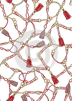 Seamless Pattern of Golden Chains, Rings, Ropes and Belts on White Background.