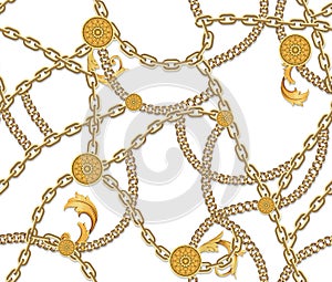 Seamless Pattern with Golden Chains on White Background. Fabric Design with Chains.